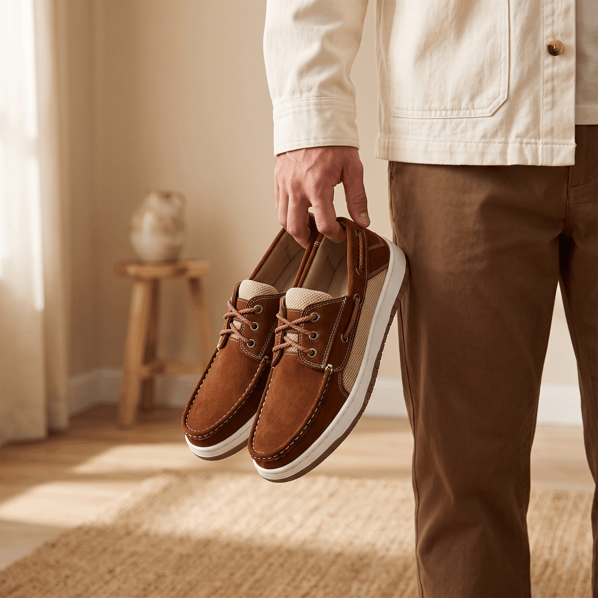 Man holding a pair of dark brown suede Adrian boat shoes by the heels, wearing khaki trousers in a sunlit room