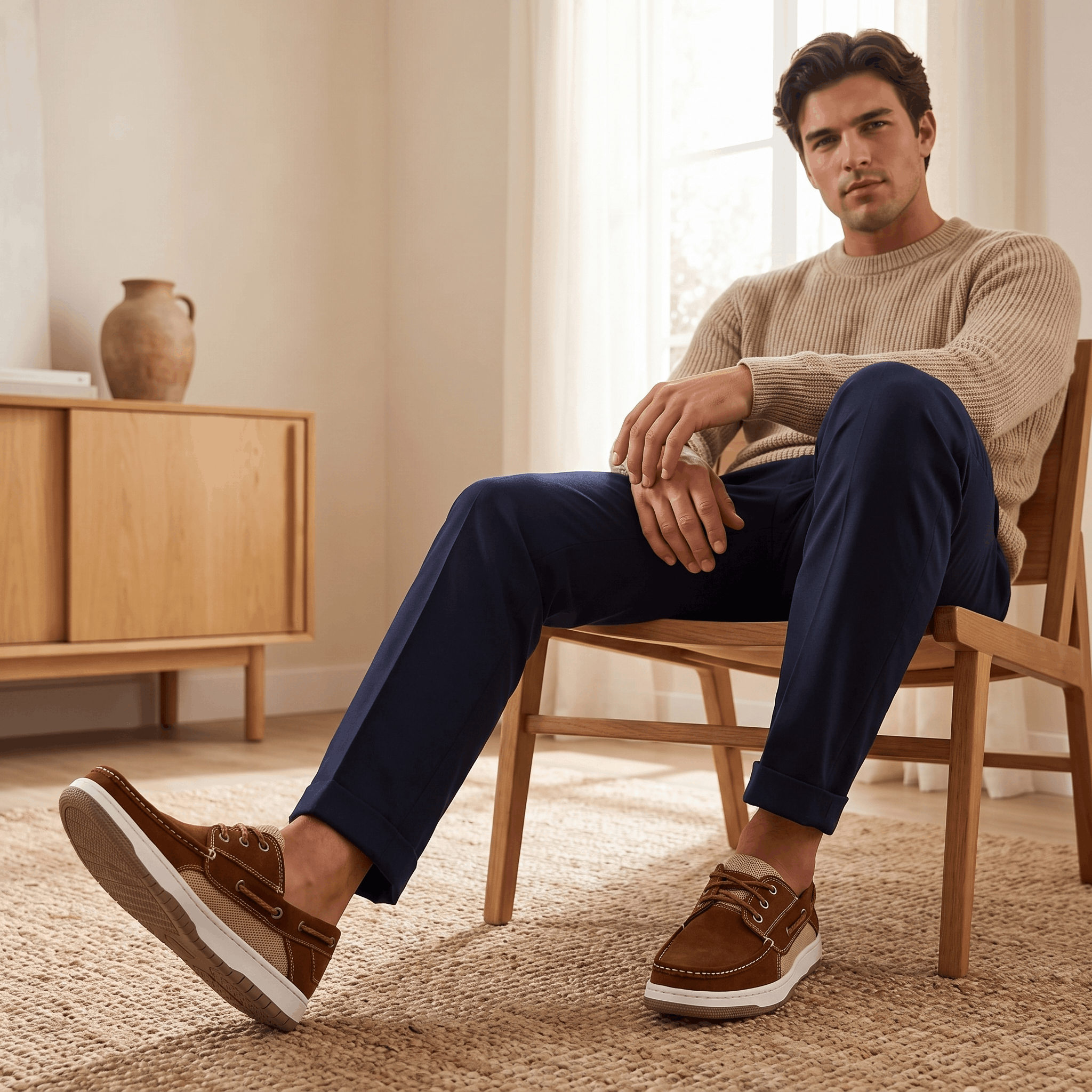 Man in a knit sweater and navy trousers sitting in a wooden chair wearing dark brown suede Adrian boat shoes, in a sunlit room with a jute rug