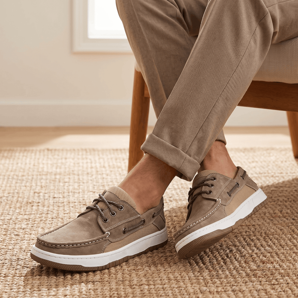 Man sitting with legs crossed wearing gray suede Adrian boat shoes and cuffed trousers, feet resting on a jute rug