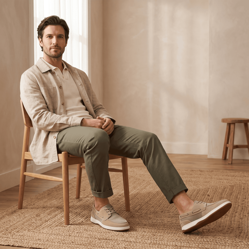 Man in a linen jacket and olive trousers sitting in a wooden chair wearing gray suede Adrian boat shoes, on a jute rug