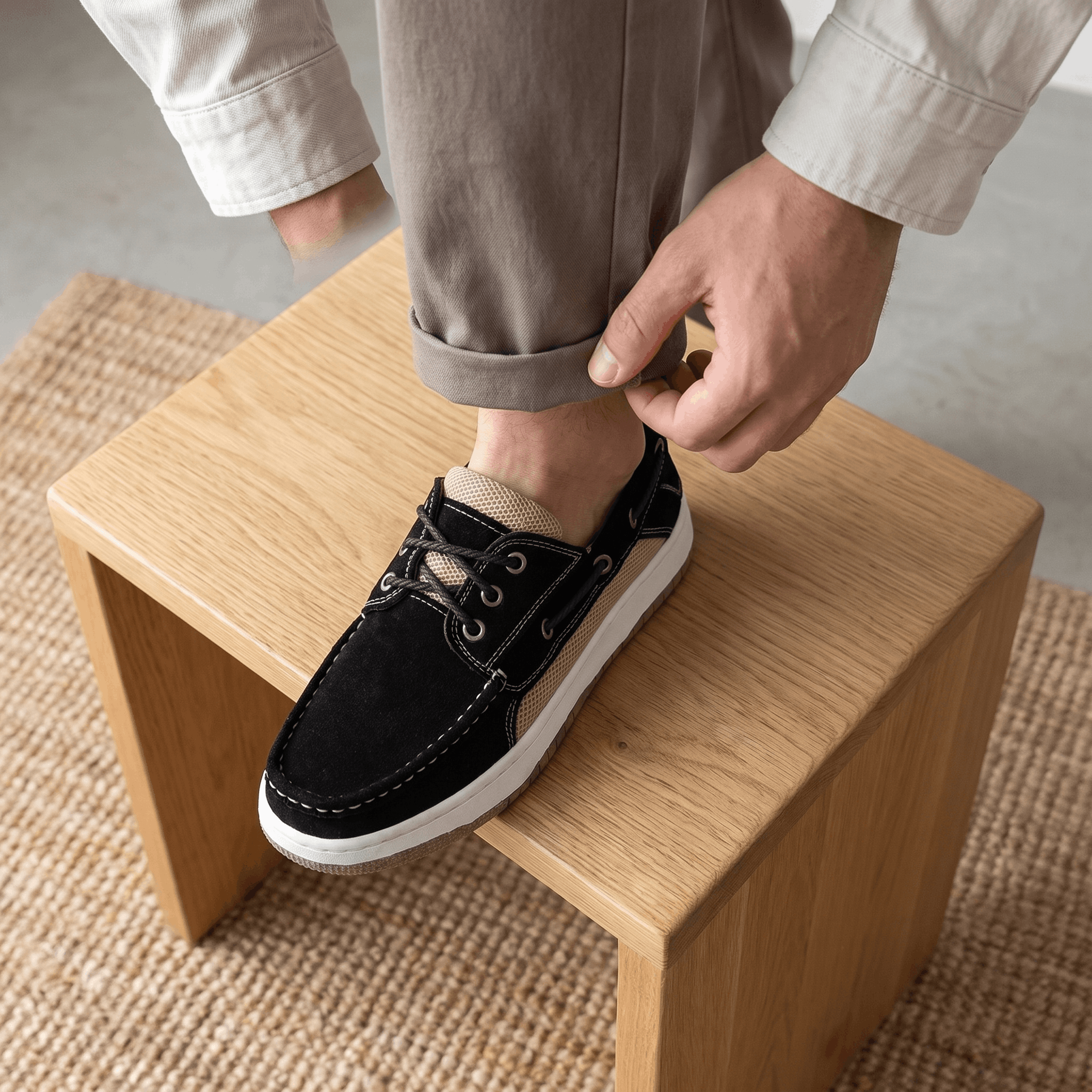 Man in cuffed trousers resting his foot on a wooden block while adjusting his black suede Adrian boat shoe, on a jute rug