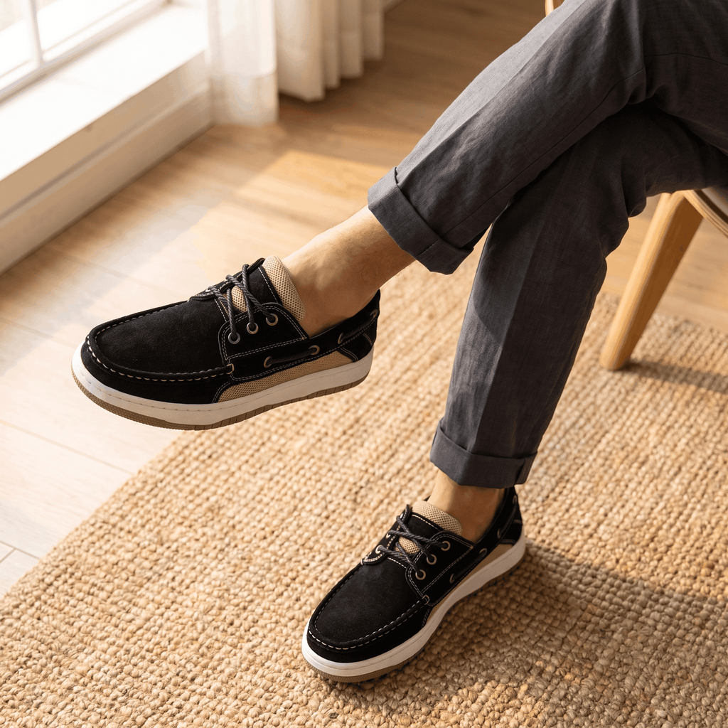 Man sitting with legs crossed wearing black suede Adrian boat shoes and gray cuffed trousers, feet resting on a jute rug near a window