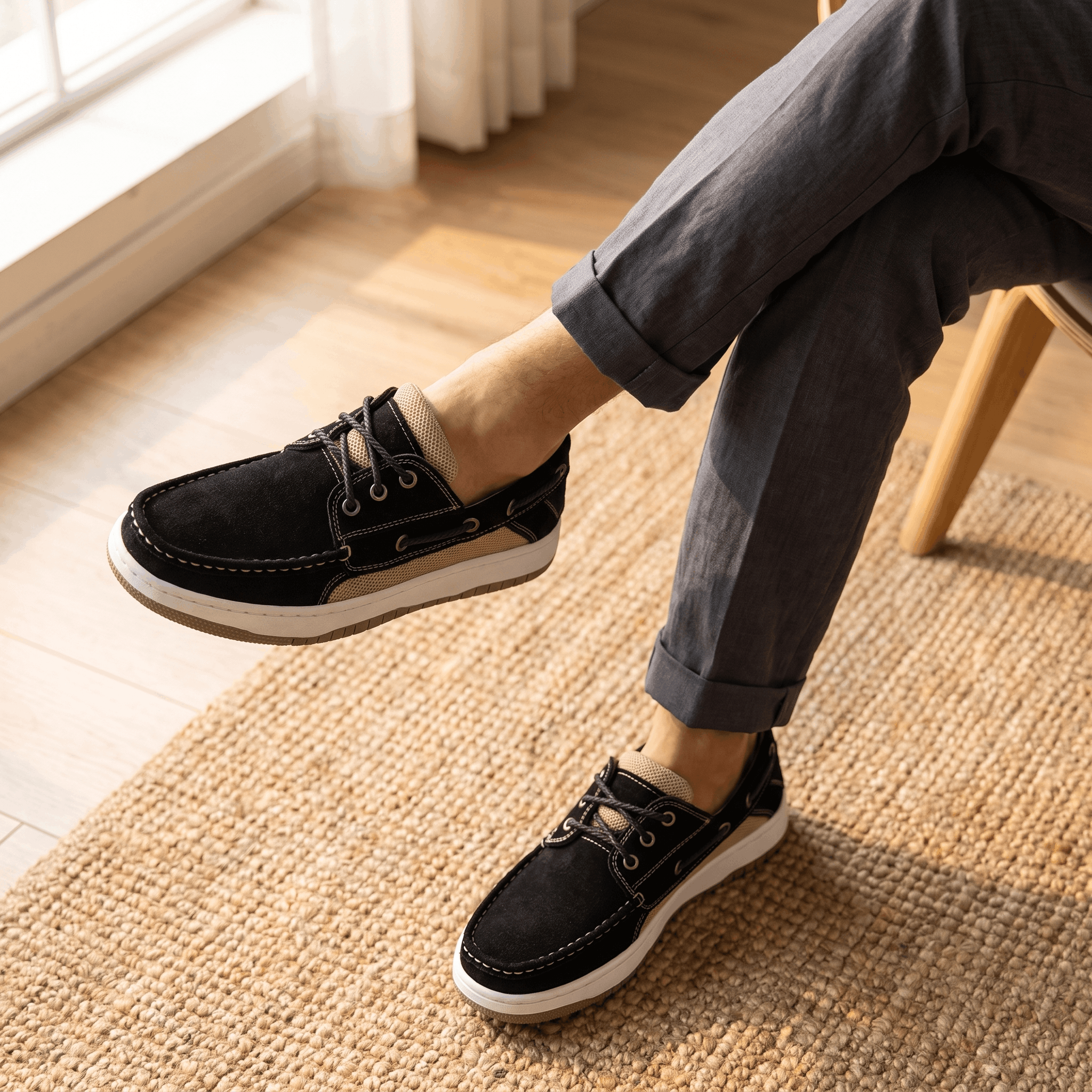 Man sitting with legs crossed wearing black suede Adrian boat shoes and gray cuffed trousers, feet resting on a jute rug near a window