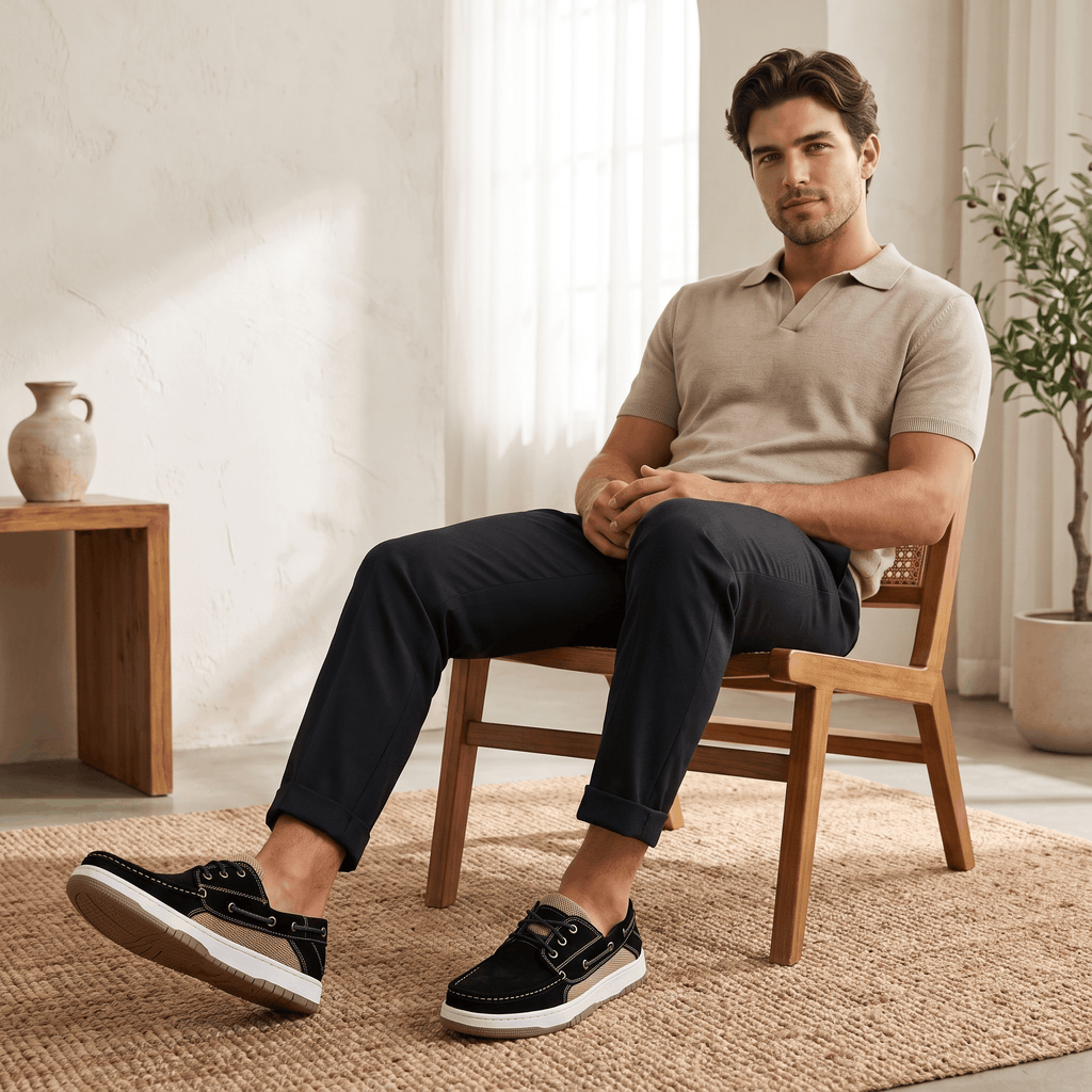 Man in a polo shirt and navy trousers sitting in a wooden chair wearing black suede Adrian boat shoes, near a pottery vase and potted plant