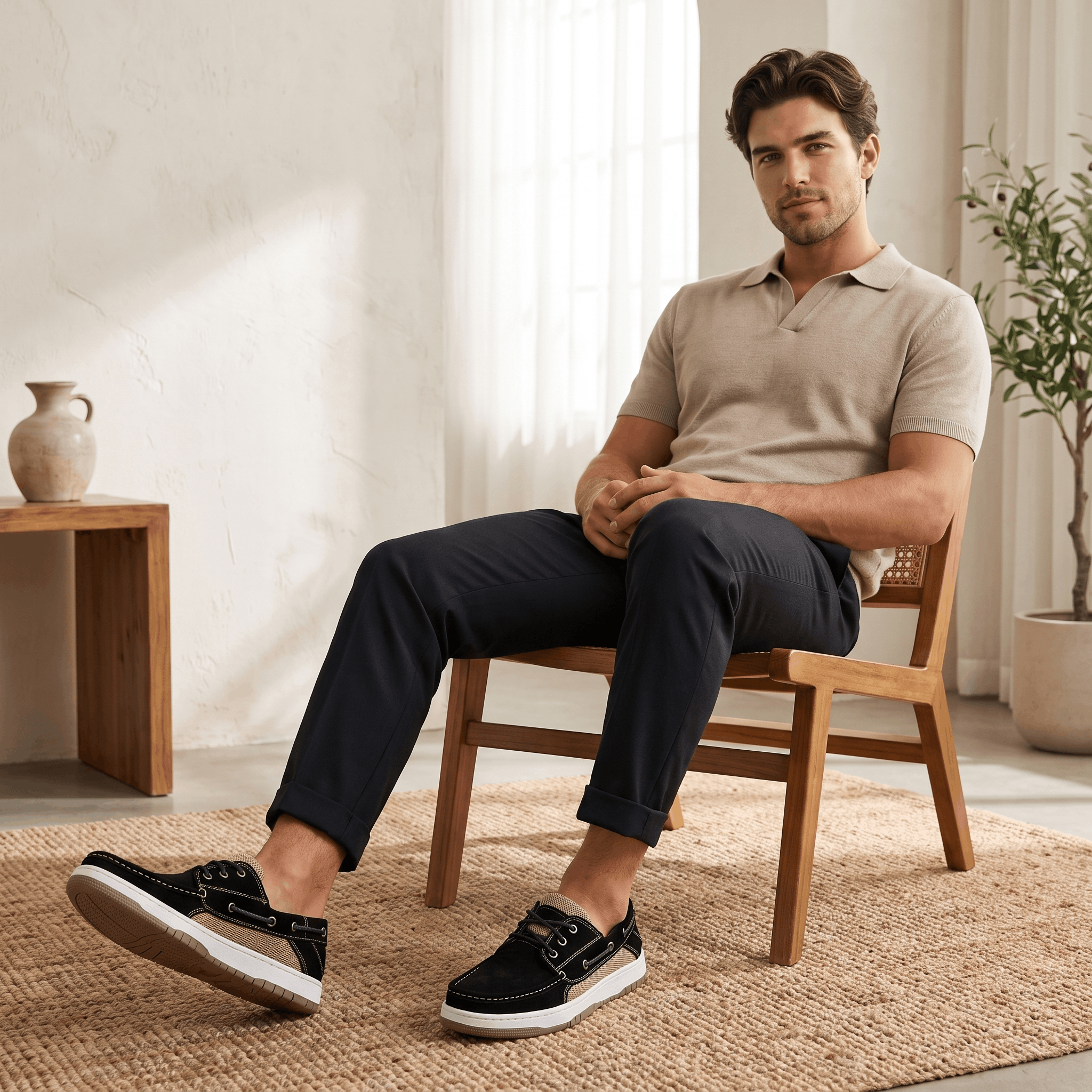 Man in a polo shirt and navy trousers sitting in a wooden chair wearing black suede Adrian boat shoes, near a pottery vase and potted plant