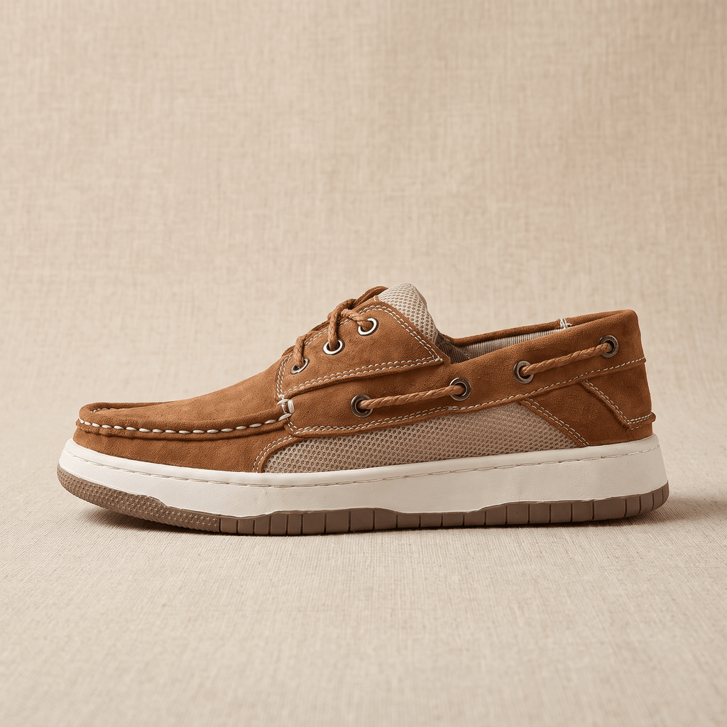Side profile view of a single tan suede Adrian boat shoe showing the mesh side panel and layered rubber sole