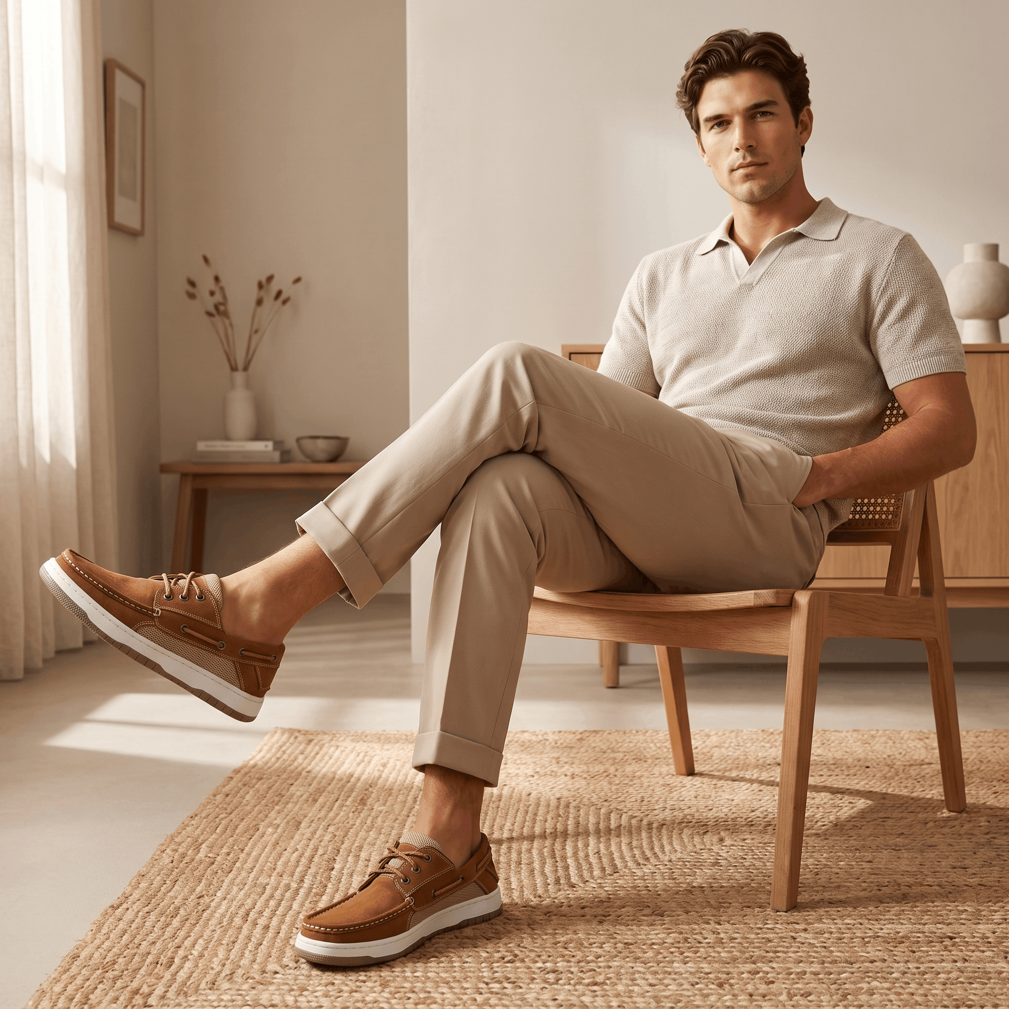 Man in a polo shirt and khakis sitting in a wooden chair wearing tan suede Adrian boat shoes, in a bright living room with a jute rug