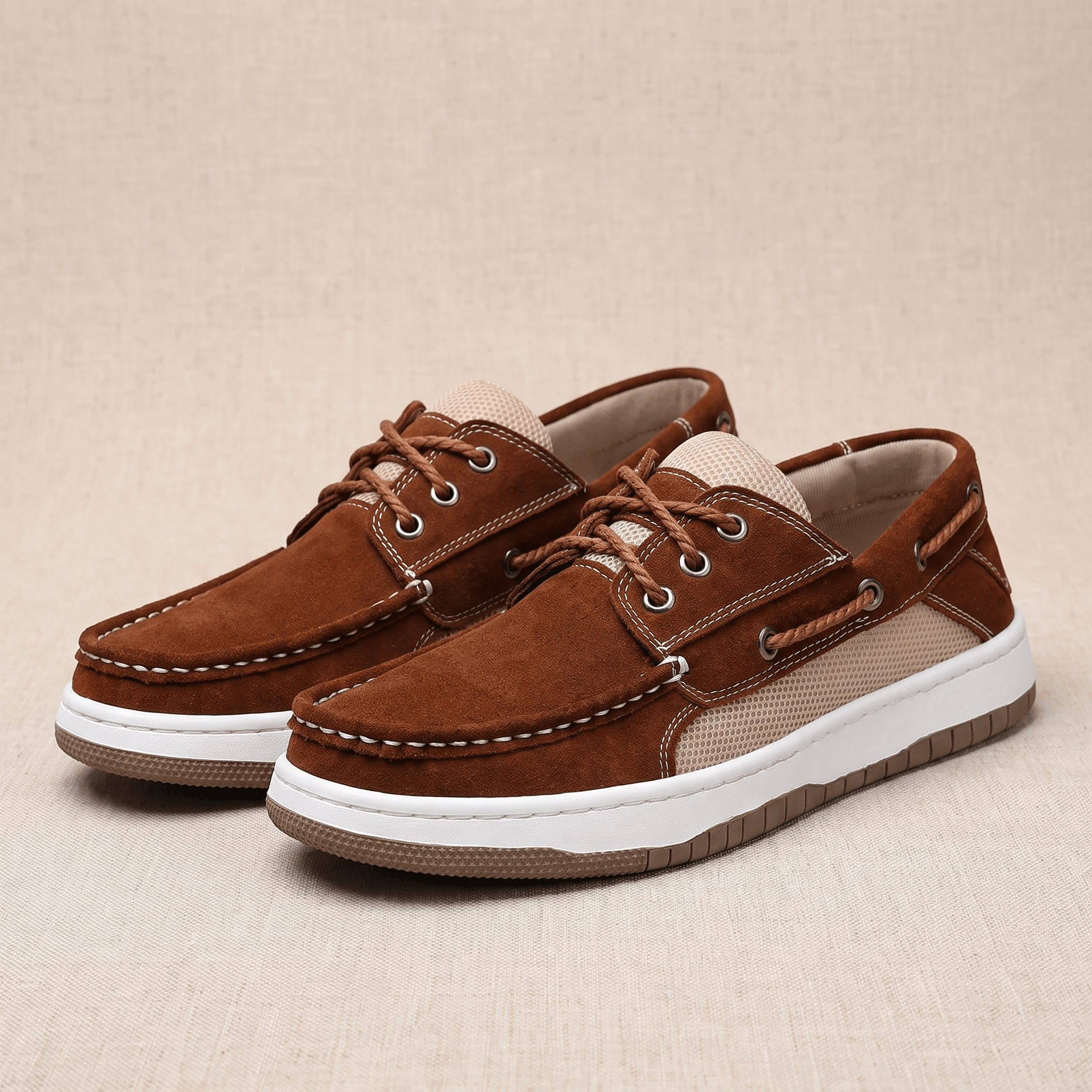 Pair of dark brown suede Adrian boat shoes with beige mesh panels, placed side by side on a beige surface