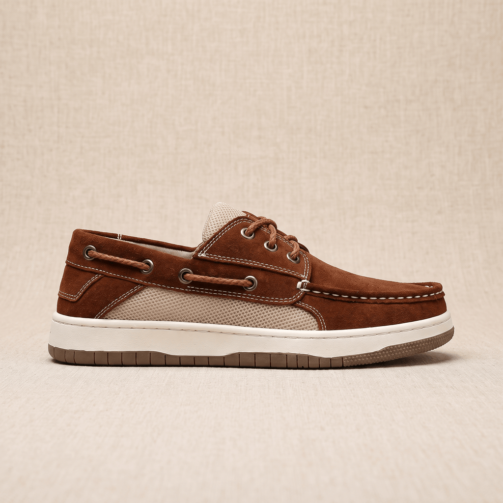 Side profile view of a single dark brown suede Adrian boat shoe showing the beige mesh panel and tan sole