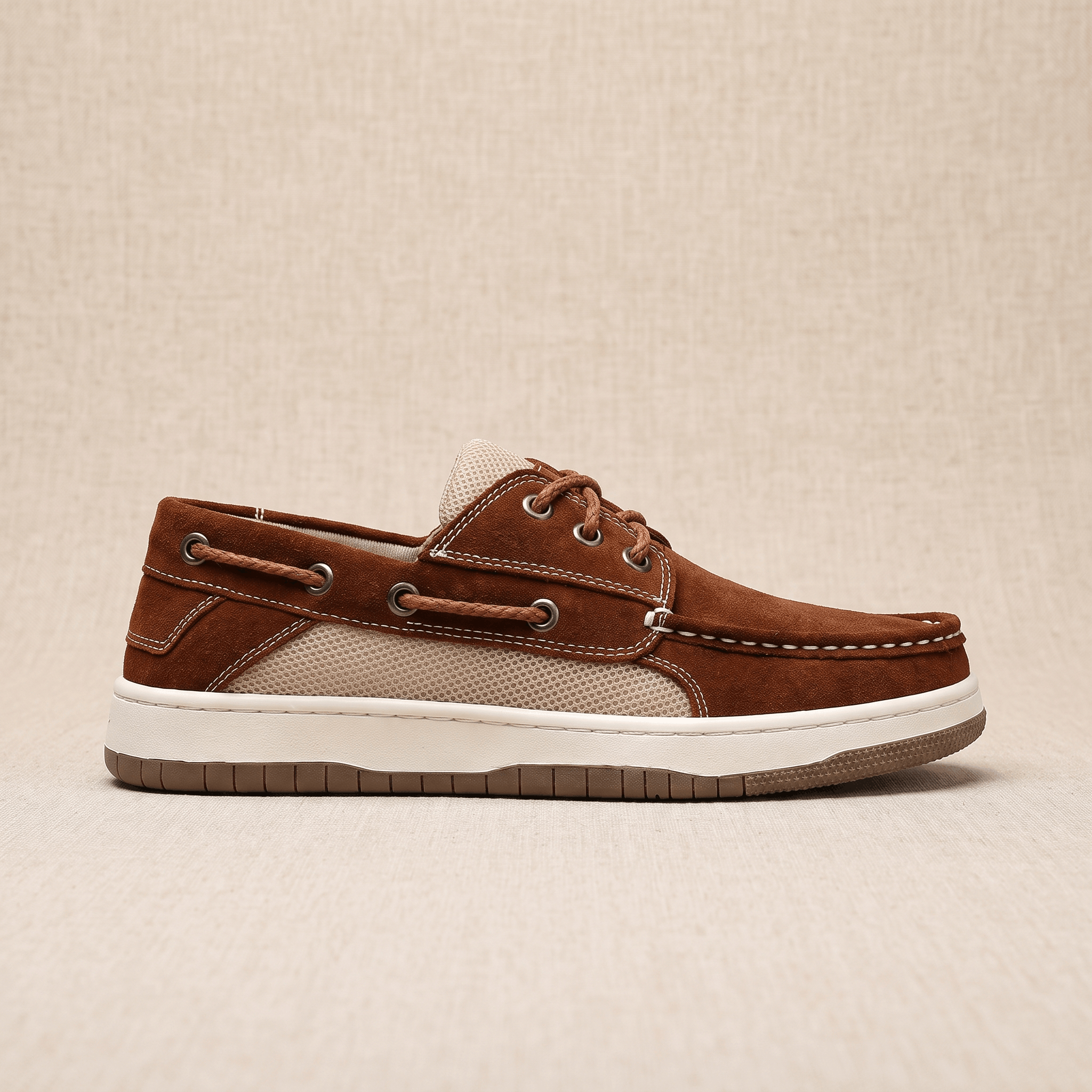 Side profile view of a single dark brown suede Adrian boat shoe showing the beige mesh panel and tan sole