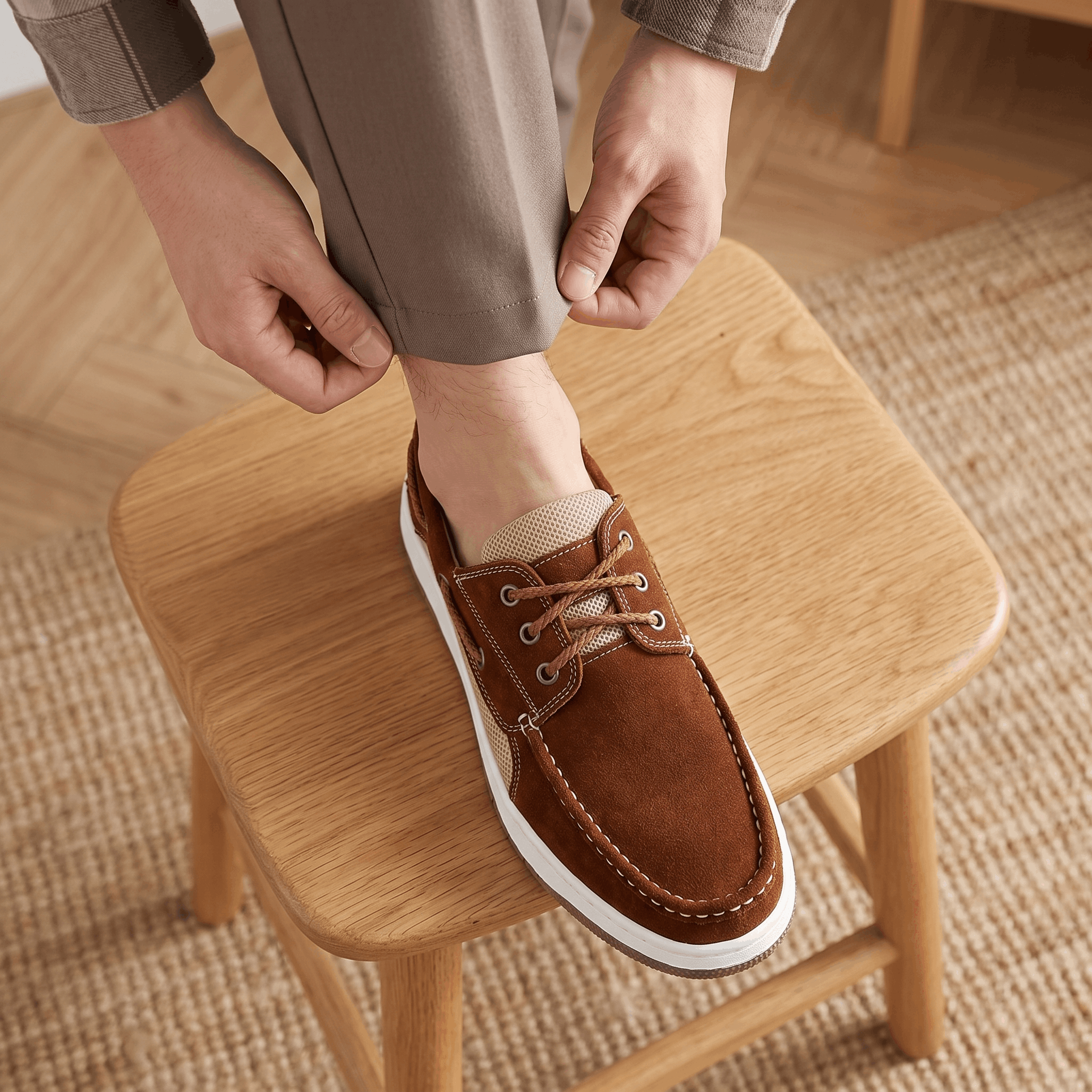 Man in trousers resting his foot on a wooden stool while adjusting his dark brown suede Adrian boat shoe, standing on a jute rug