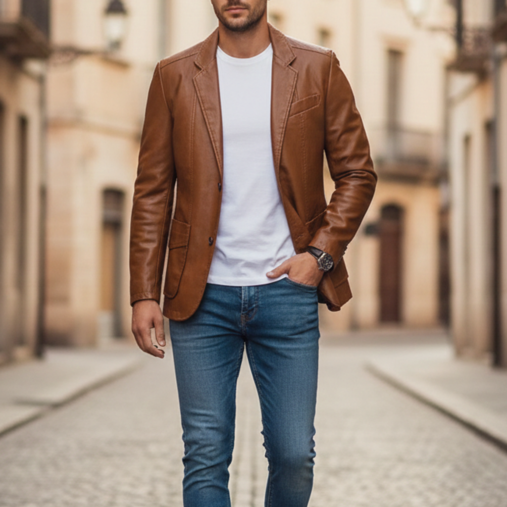 Alessandro Premium Leather Blazer – Single-Breasted Notch Lapel Tailored Jacket