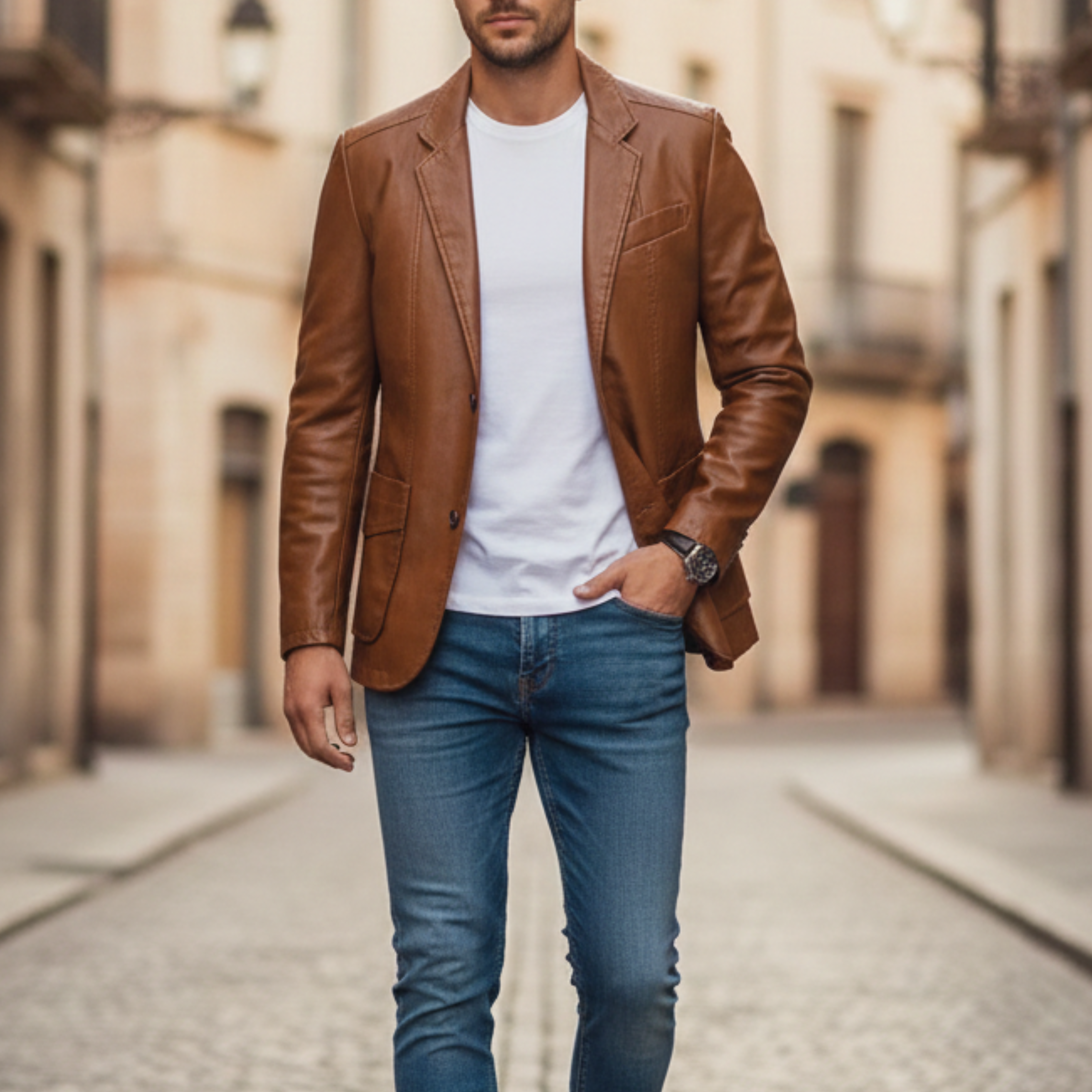 Alessandro Premium Leather Blazer – Single-Breasted Notch Lapel Tailored Jacket