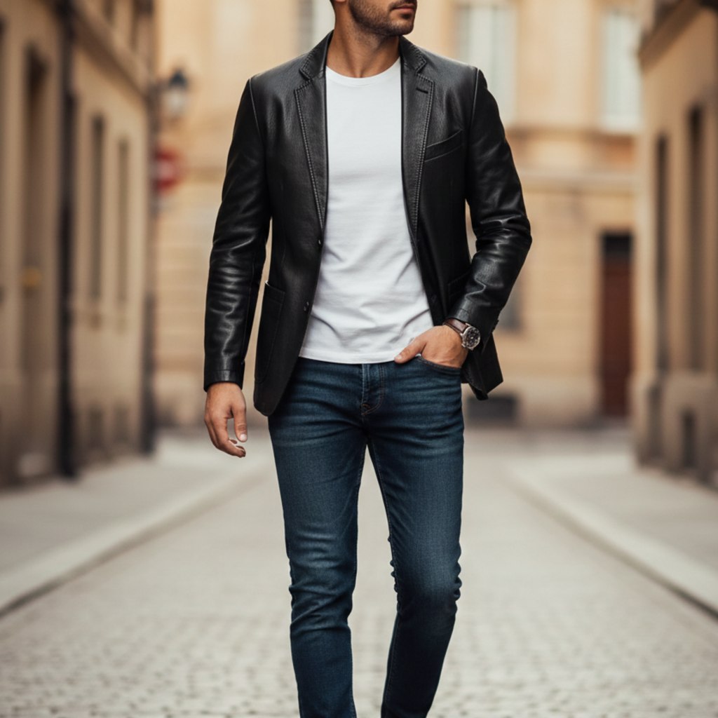 Alessandro Premium Leather Blazer – Single-Breasted Notch Lapel Tailored Jacket