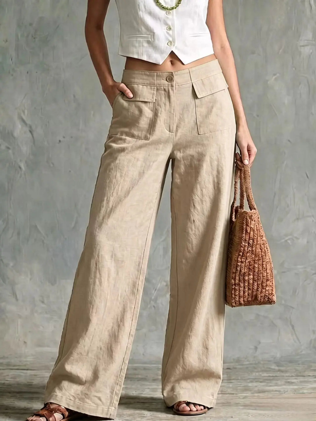 Women's beige wide-leg linen pants with a high-rise waist, front pleats, and side pockets.