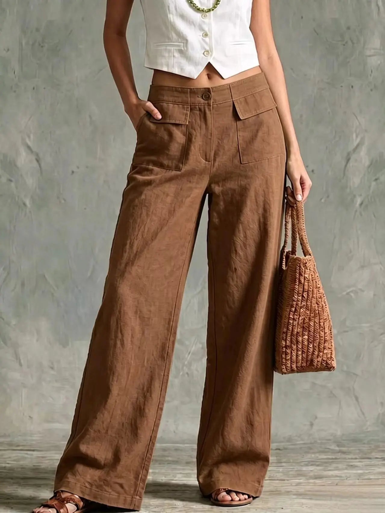 Women's brown wide-leg linen pants featuring a high waist, pleated front, and relaxed silhouette.
