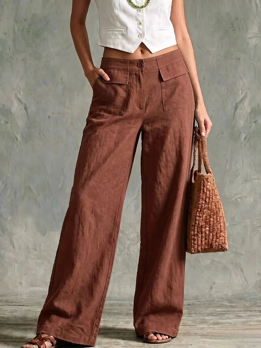 Women's rust brown wide-leg linen pants with a high-rise waist, pleated front, and relaxed fit.