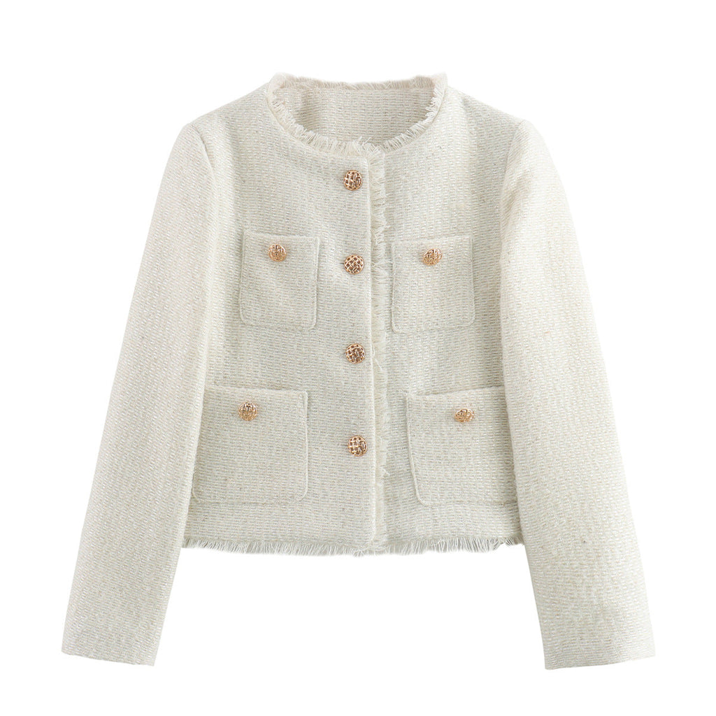 Amarah Textured Bouclé Blazer – Collarless Gold-Button Tailored-Fit Workwear