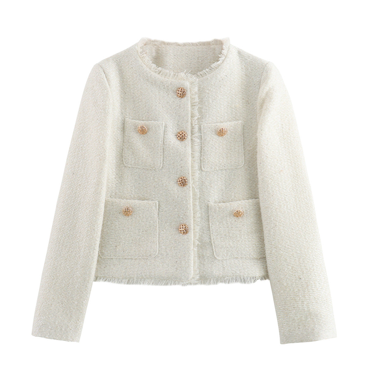 Amarah Textured Bouclé Blazer – Collarless Gold-Button Tailored-Fit Workwear