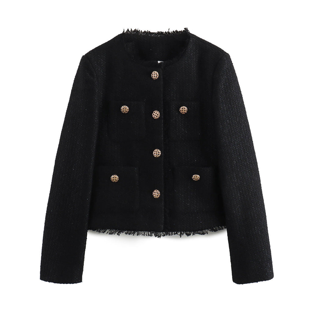 Amarah Textured Bouclé Blazer – Collarless Gold-Button Tailored-Fit Workwear