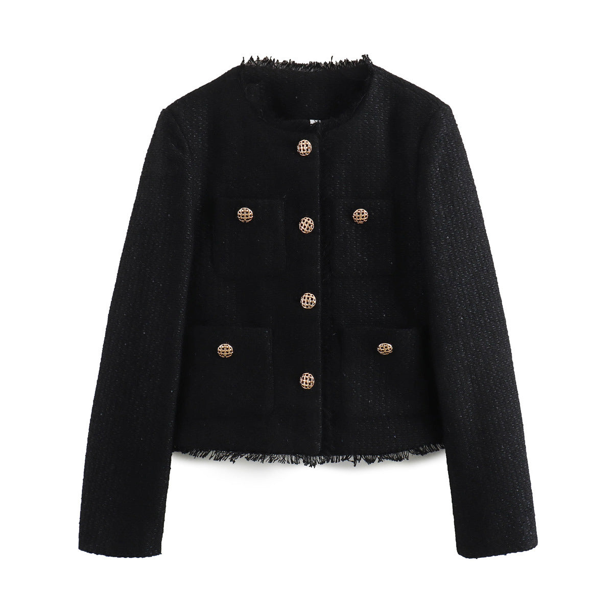 Amarah Textured Bouclé Blazer – Collarless Gold-Button Tailored-Fit Workwear