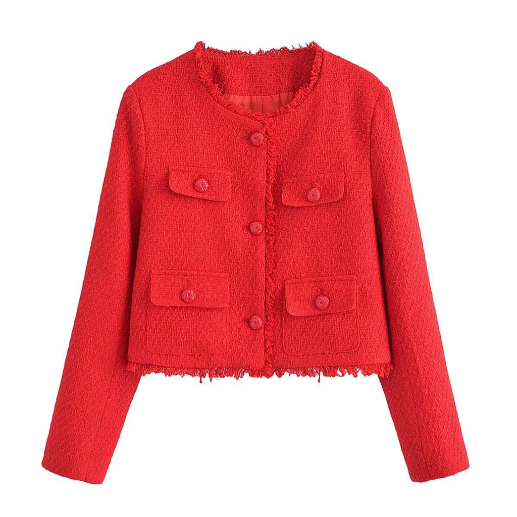 Amarah Textured Bouclé Blazer – Collarless Gold-Button Tailored-Fit Workwear