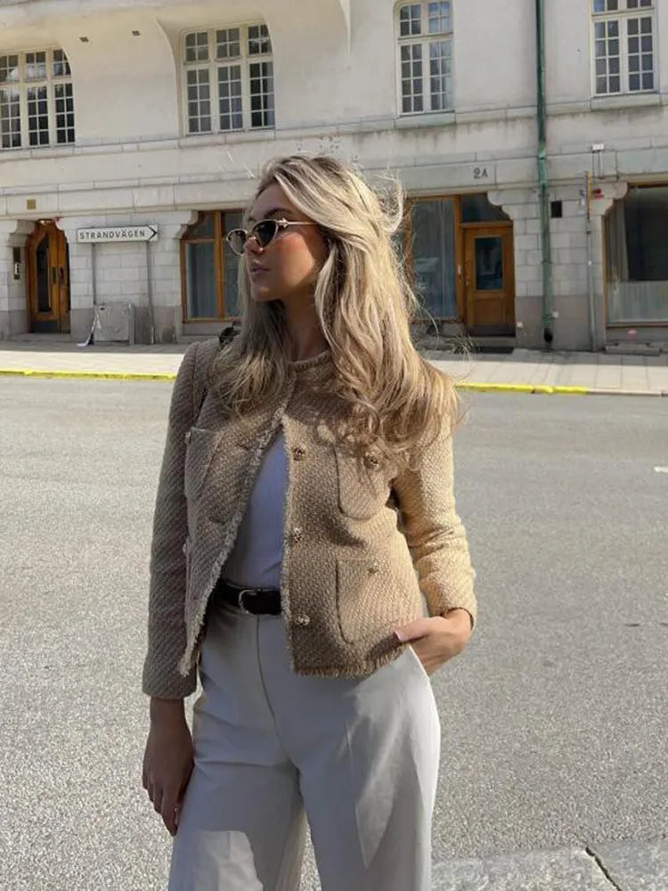 Amarah Textured Bouclé Blazer – Collarless Gold-Button Tailored-Fit Workwear