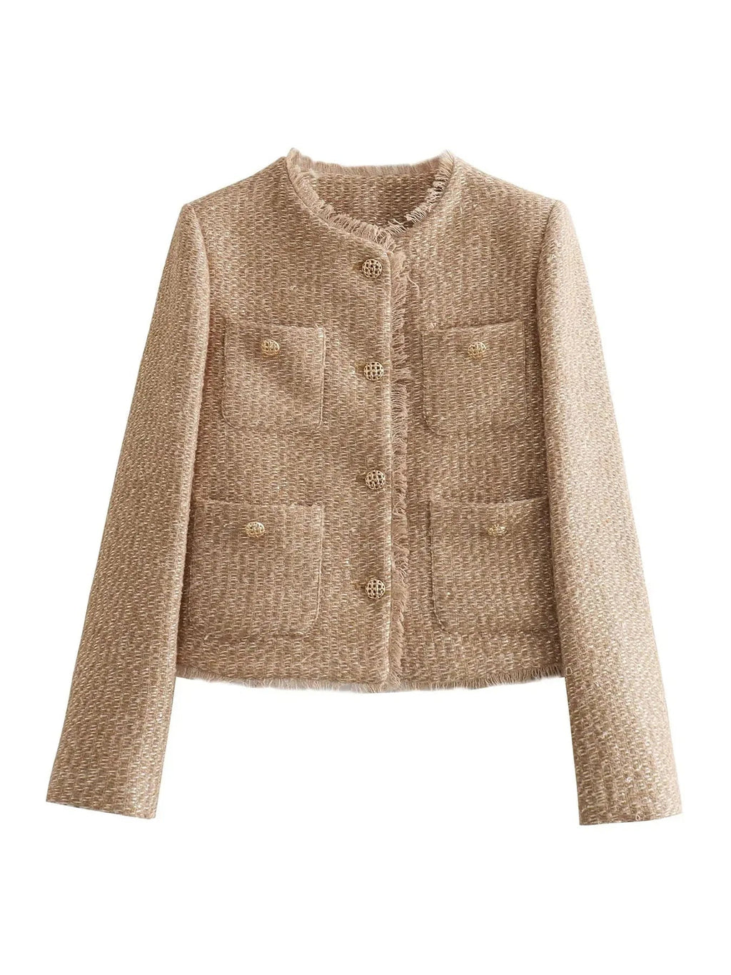 Amarah Textured Bouclé Blazer – Collarless Gold-Button Tailored-Fit Workwear