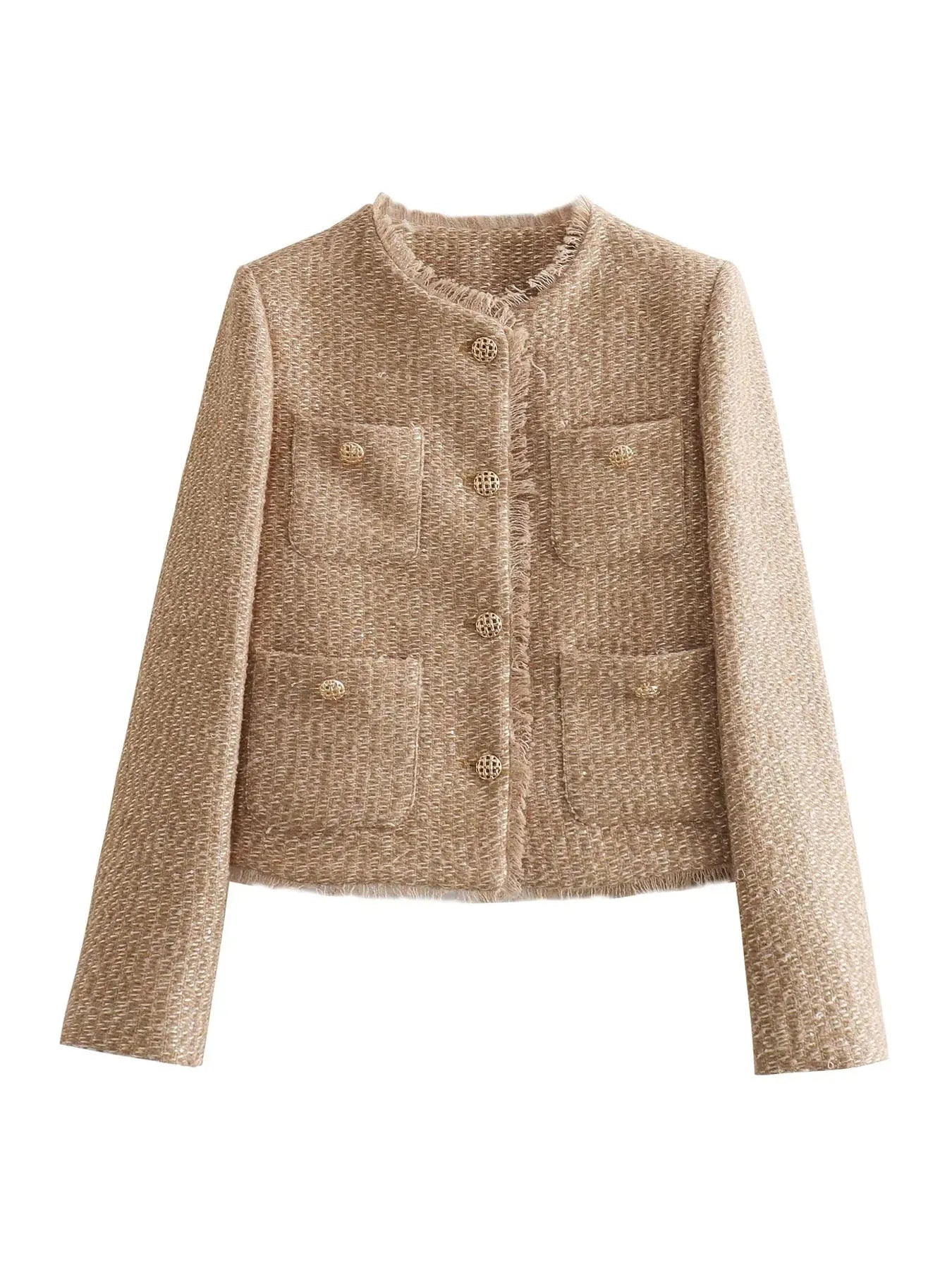 Amarah Textured Bouclé Blazer – Collarless Gold-Button Tailored-Fit Workwear
