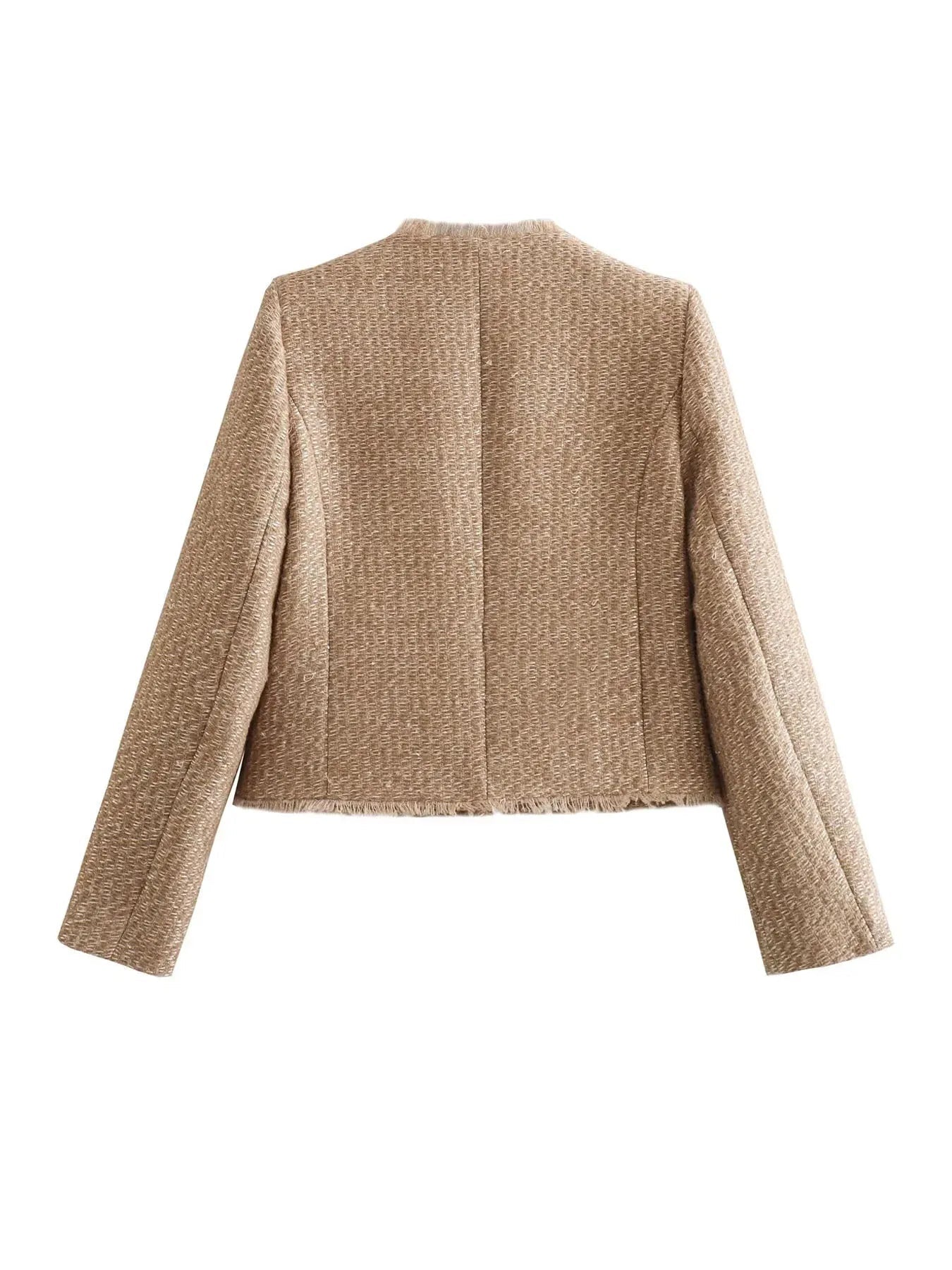 Amarah Textured Bouclé Blazer – Collarless Gold-Button Tailored-Fit Workwear
