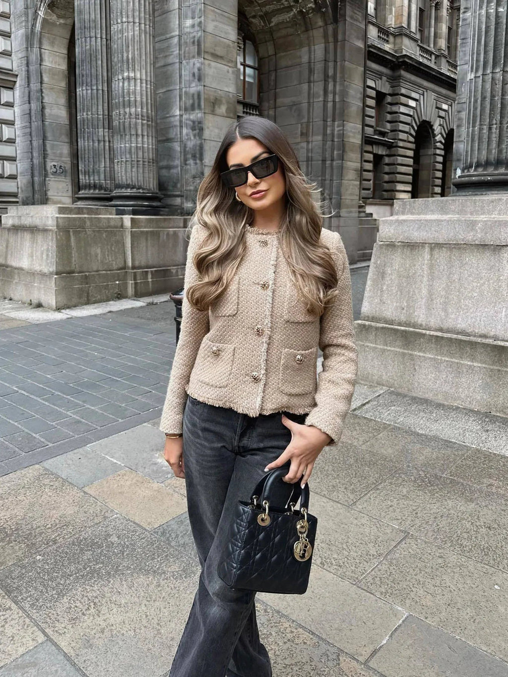 Amarah Textured Bouclé Blazer – Collarless Gold-Button Tailored-Fit Workwear
