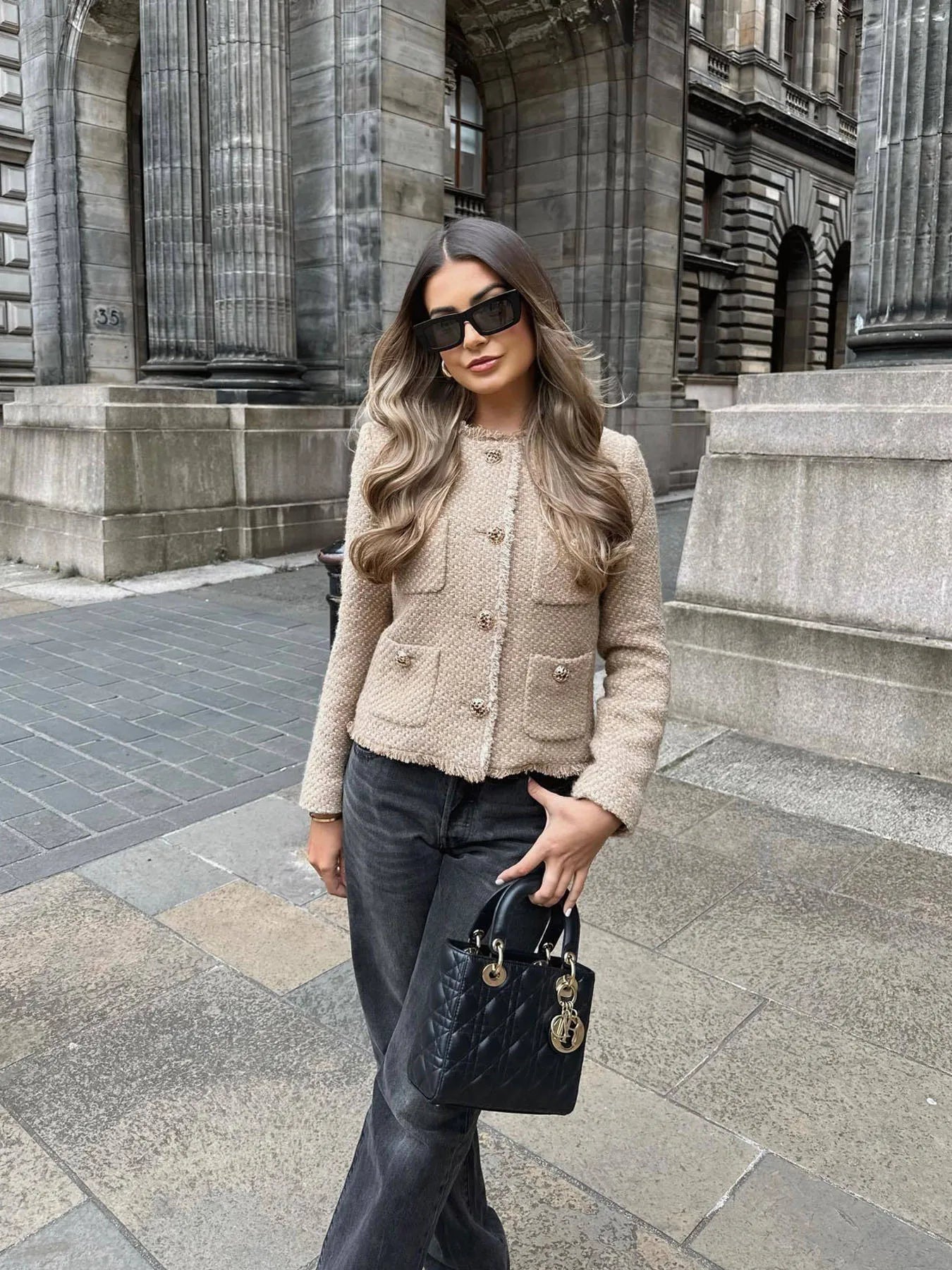 Amarah Textured Bouclé Blazer – Collarless Gold-Button Tailored-Fit Workwear