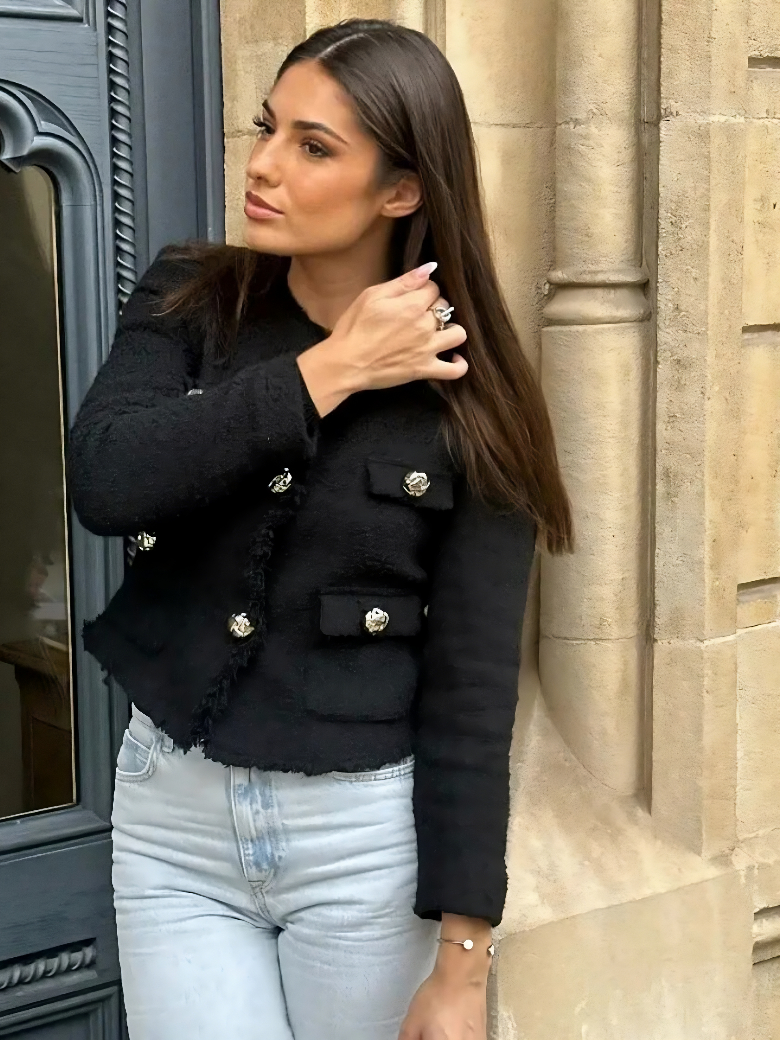 Amarah Textured Bouclé Blazer – Collarless Gold-Button Tailored-Fit Workwear