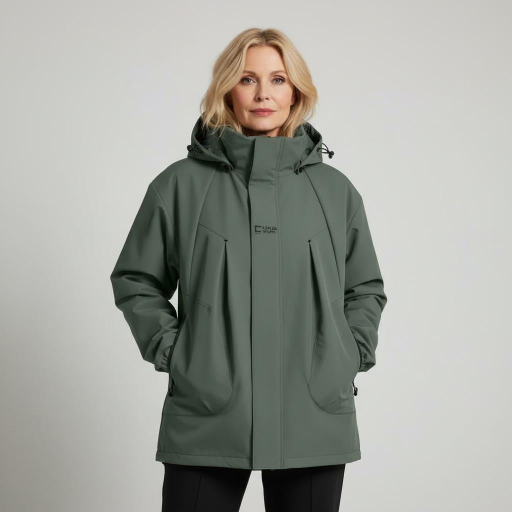 Amarah Water-Resistant Softshell Jacket – Padded Drawstring-Hood Patch-Pocket Parka