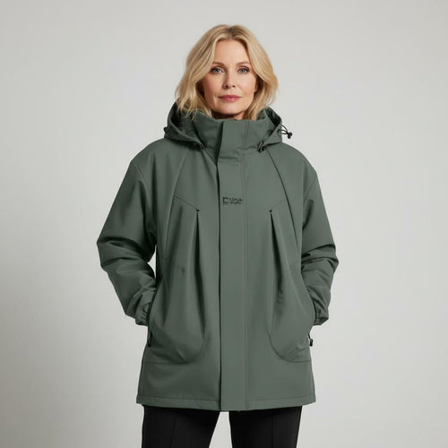 Amarah Water-Resistant Softshell Jacket – Padded Drawstring-Hood Patch-Pocket Parka