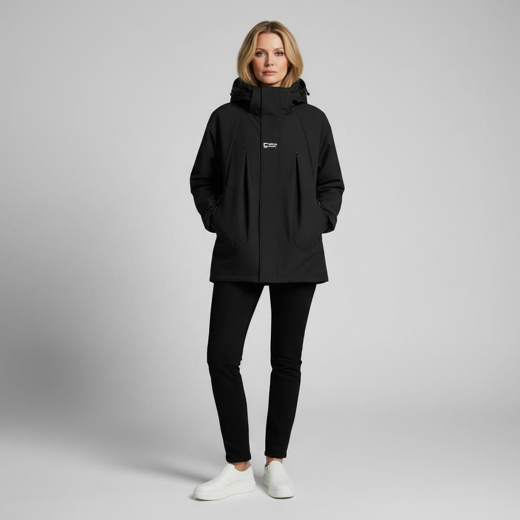 Amarah Water-Resistant Softshell Jacket – Padded Drawstring-Hood Patch-Pocket Parka