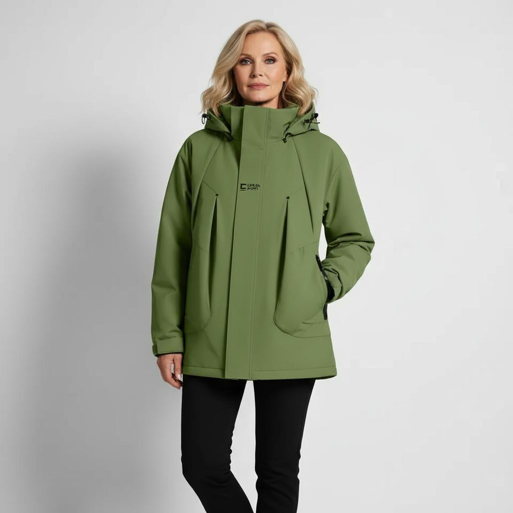 Amarah Water-Resistant Softshell Jacket – Padded Drawstring-Hood Patch-Pocket Parka