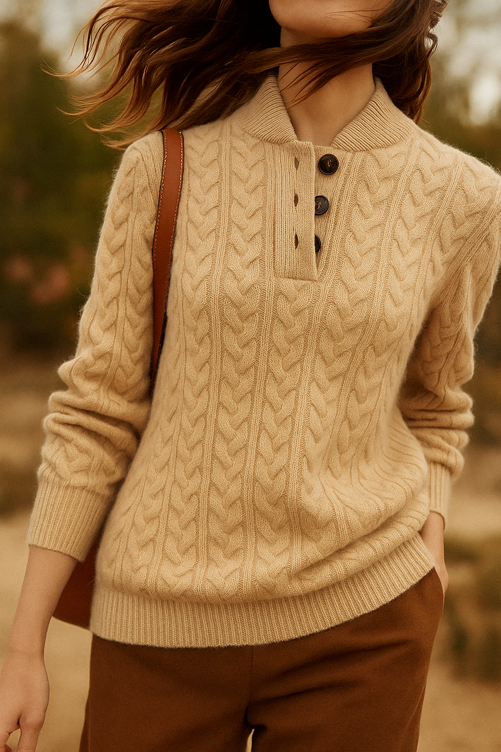 Amelia Wool Blend Cable Knit Sweater – Button Stand-Collar Slim-Fit Pullover