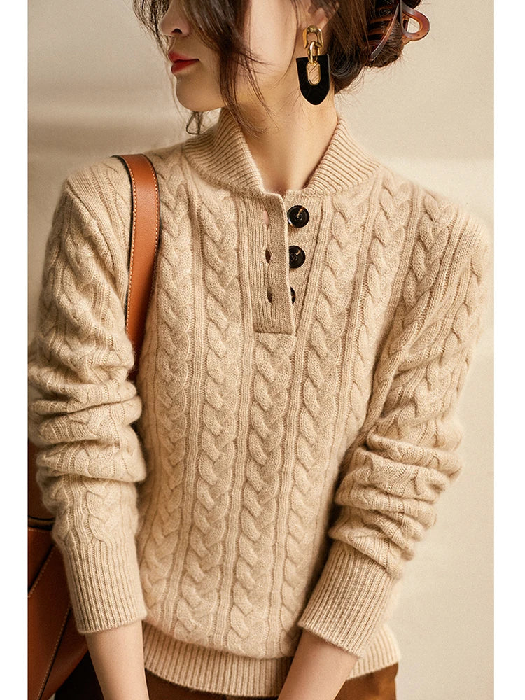 Amelia Wool Blend Cable Knit Sweater – Button Stand-Collar Slim-Fit Pullover