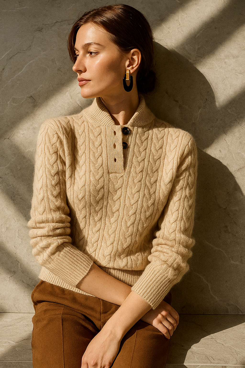 Amelia Wool Blend Cable Knit Sweater – Button Stand-Collar Slim-Fit Pullover