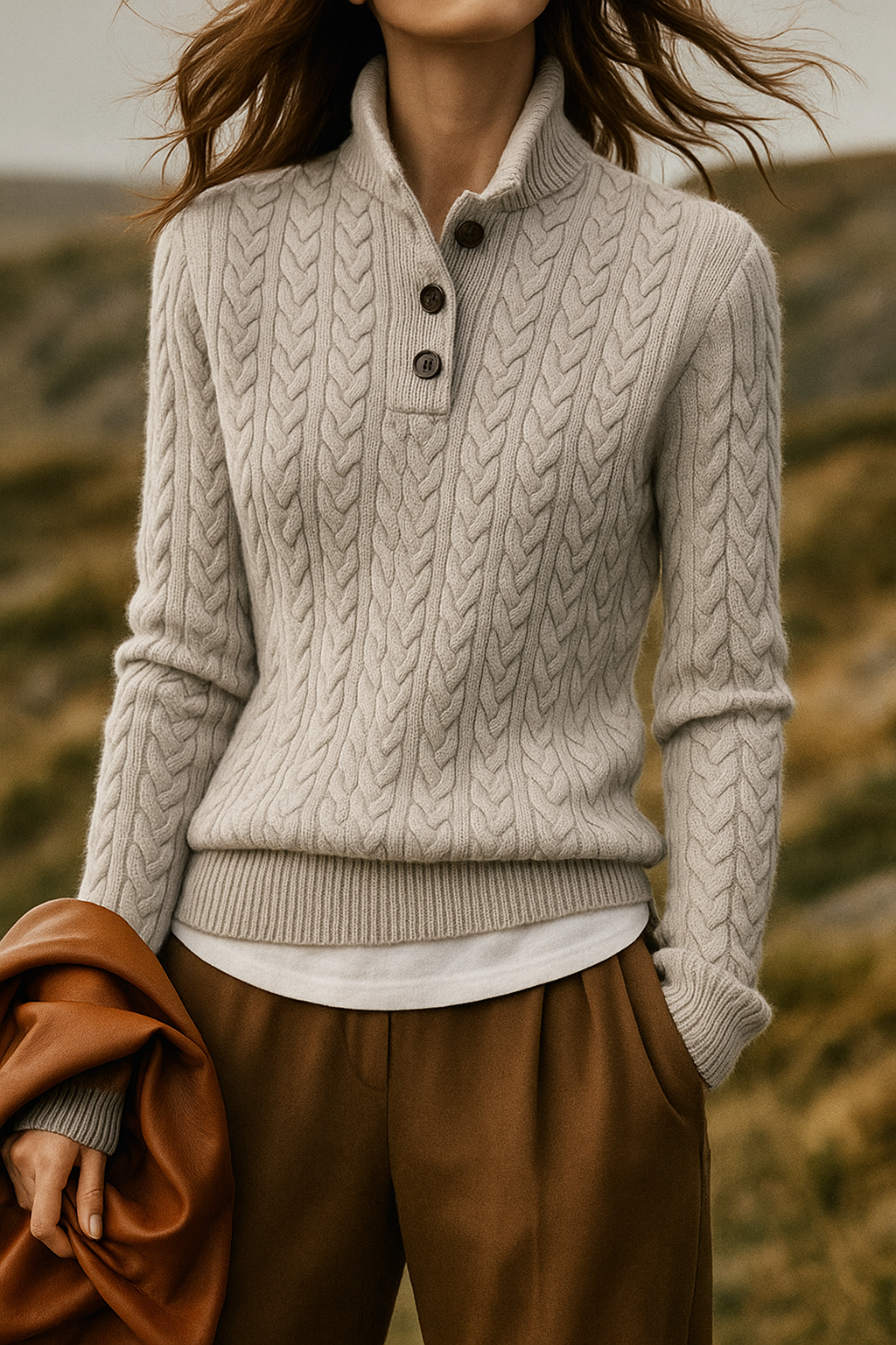 Amelia Wool Blend Cable Knit Sweater – Button Stand-Collar Slim-Fit Pullover