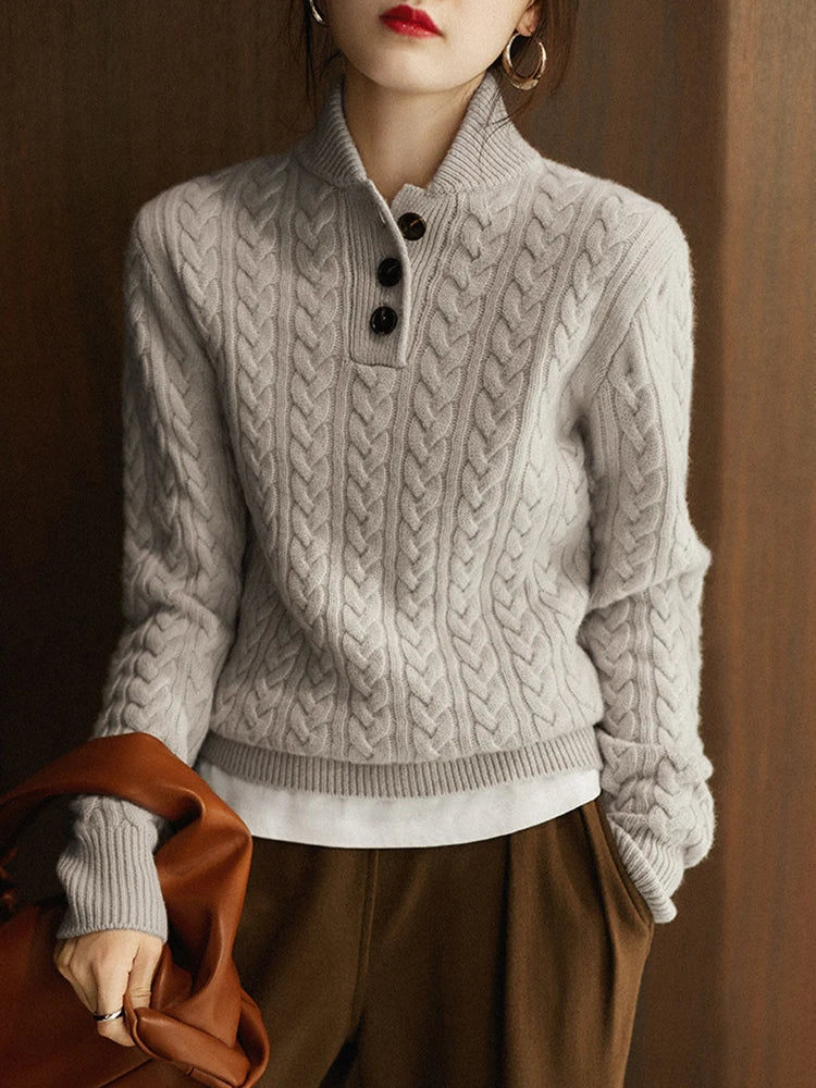 Amelia Wool Blend Cable Knit Sweater – Button Stand-Collar Slim-Fit Pullover