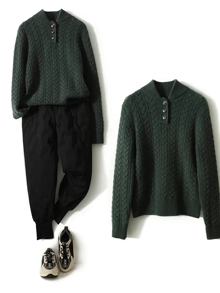Amelia Wool Blend Cable Knit Sweater – Button Stand-Collar Slim-Fit Pullover