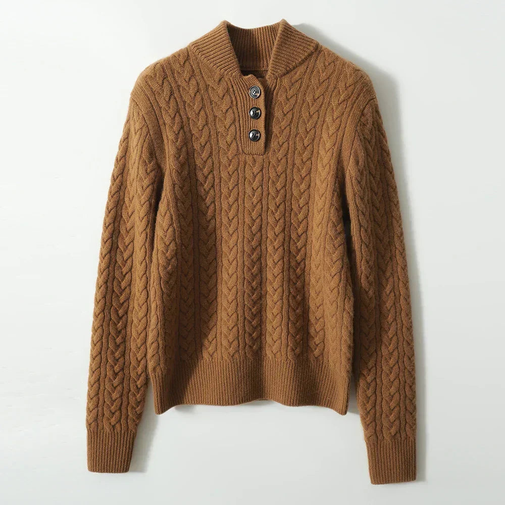 Amelia Wool Blend Cable Knit Sweater – Button Stand-Collar Slim-Fit Pullover