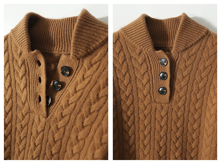 Amelia Wool Blend Cable Knit Sweater – Button Stand-Collar Slim-Fit Pullover
