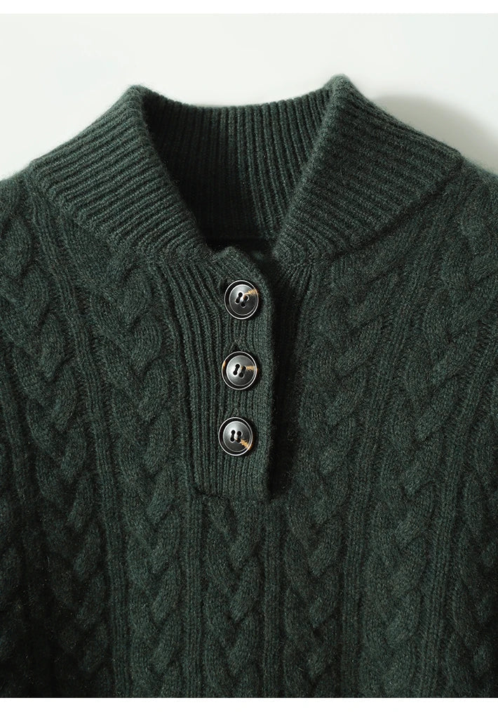 Amelia Wool Blend Cable Knit Sweater – Button Stand-Collar Slim-Fit Pullover