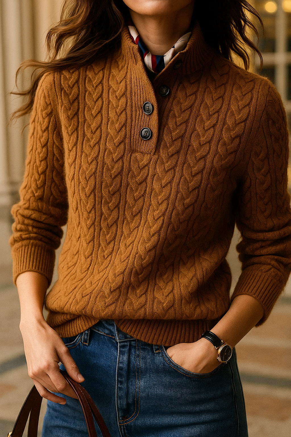 Amelia Wool Blend Cable Knit Sweater – Button Stand-Collar Slim-Fit Pullover
