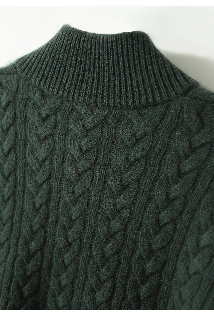 Amelia Wool Blend Cable Knit Sweater – Button Stand-Collar Slim-Fit Pullover