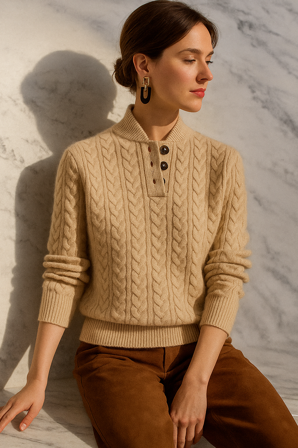 Amelia Wool Blend Cable Knit Sweater – Button Stand-Collar Slim-Fit Pullover