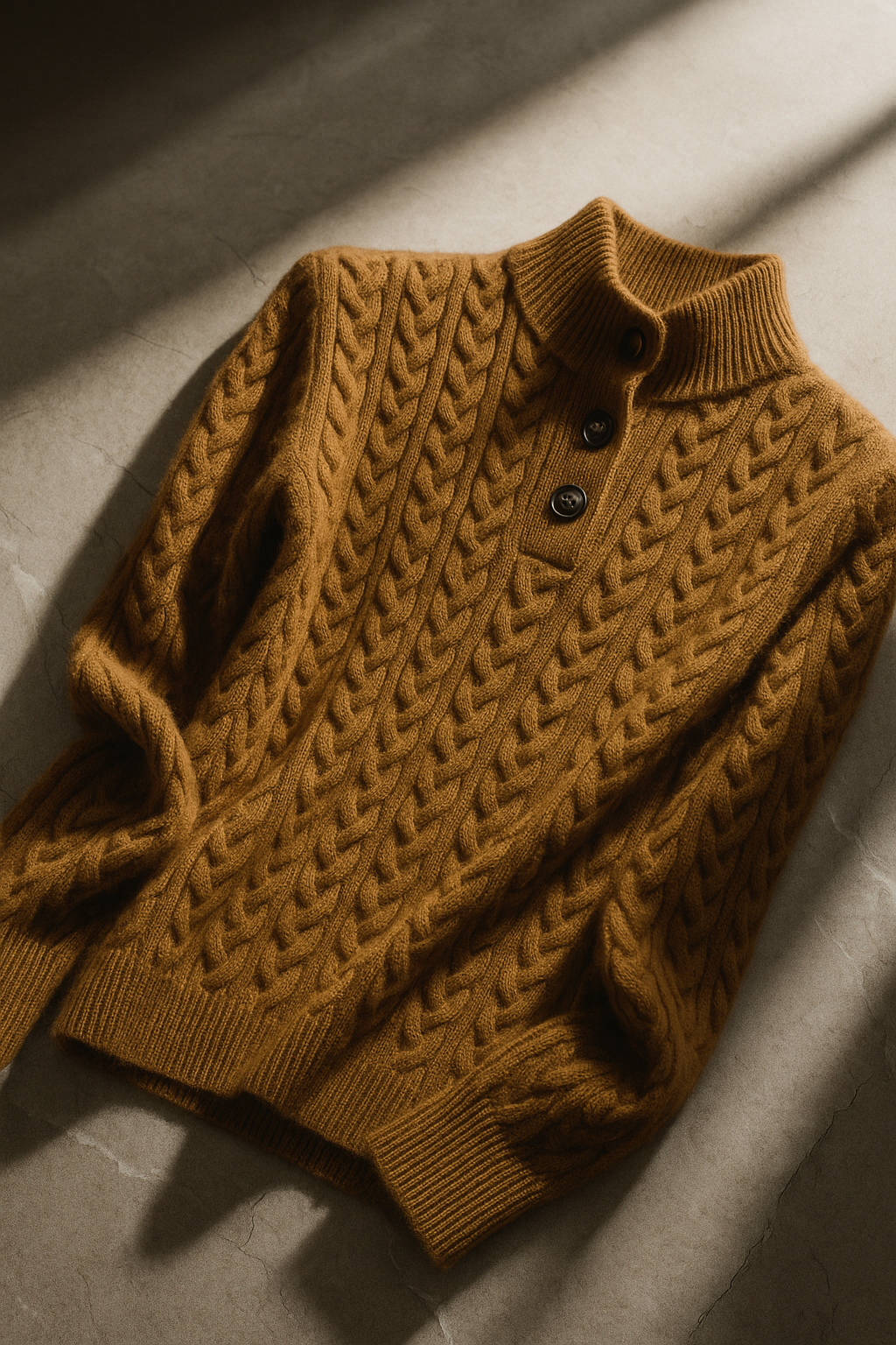 Amelia Wool Blend Cable Knit Sweater – Button Stand-Collar Slim-Fit Pullover